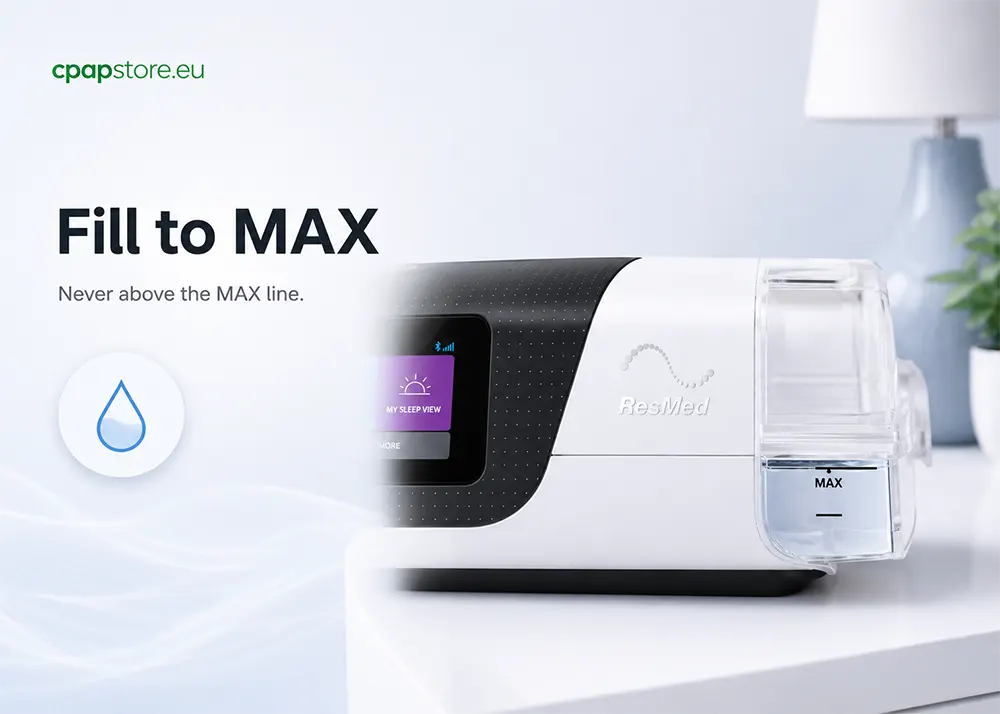 Fill CPAP humidifier water chamber only up to the MAX line to avoid water damage