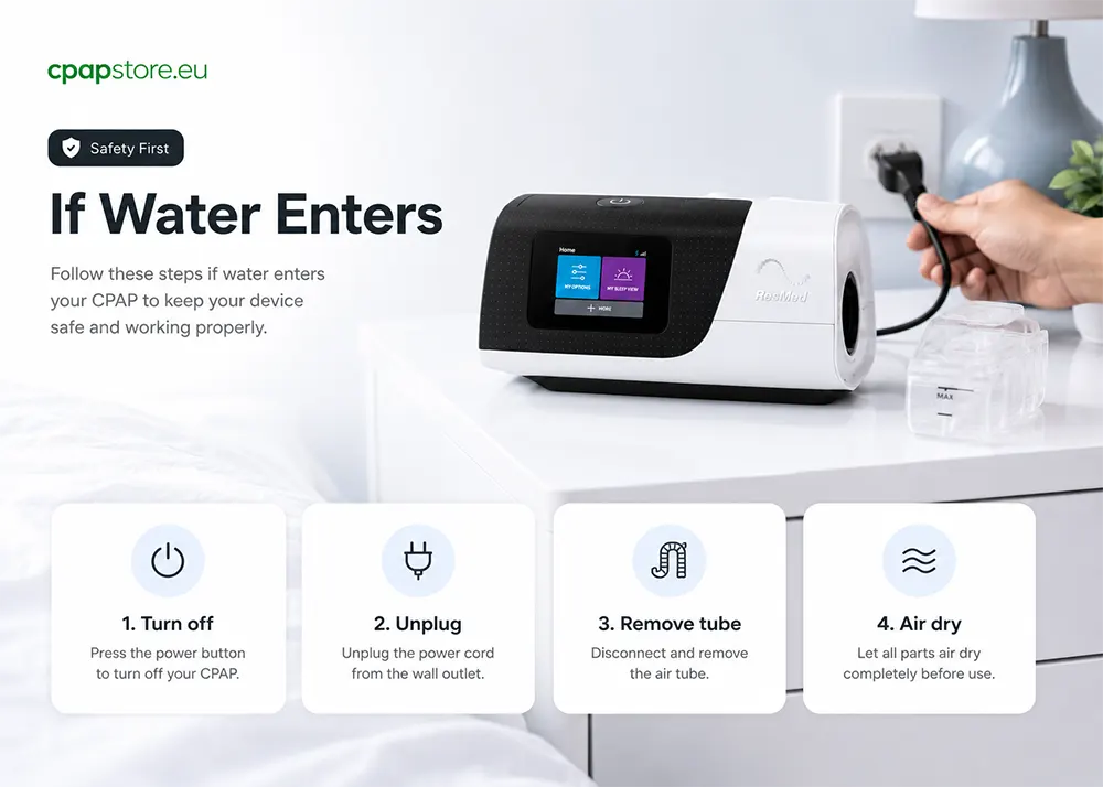 What to do if water enters your CPAP machine - unplug, remove chamber and let it dry