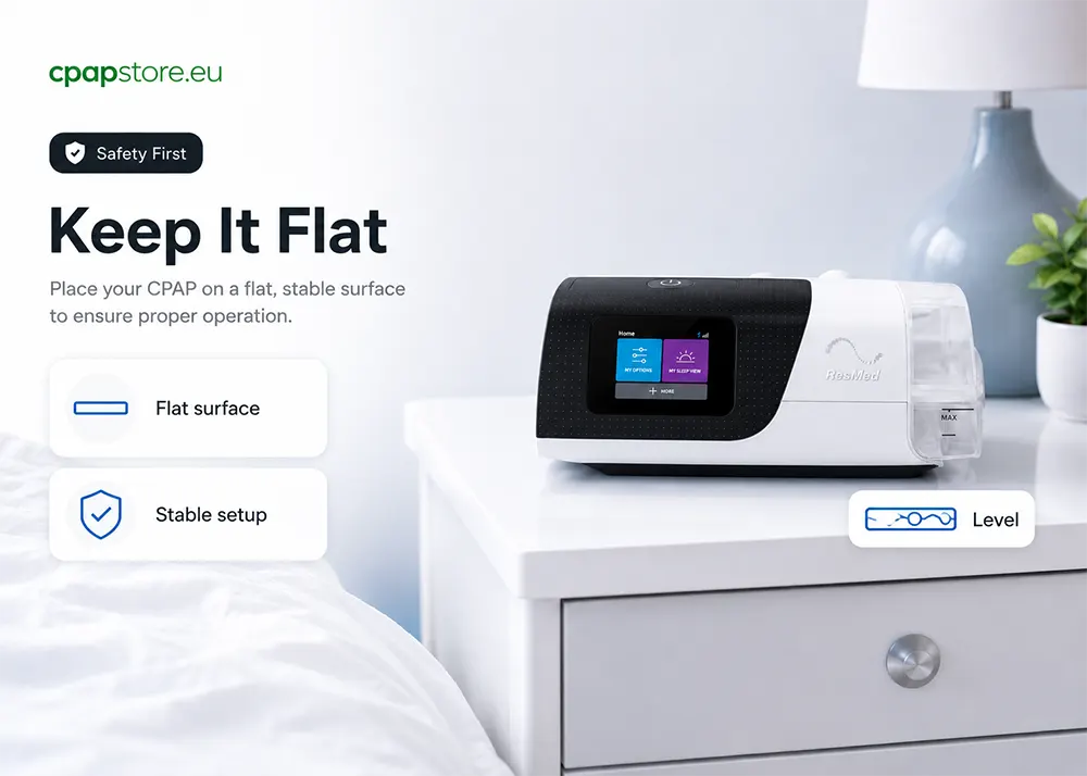 Keep your CPAP machine flat and stable on a bedside table during use to prevent water movement