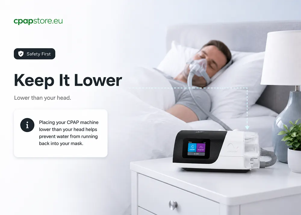 Keep the CPAP machine lower than the mask so water cannot travel back through the tube