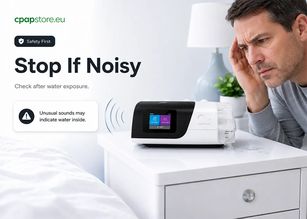 Stop using your CPAP machine immediately if you hear unusual motor noise after water exposure