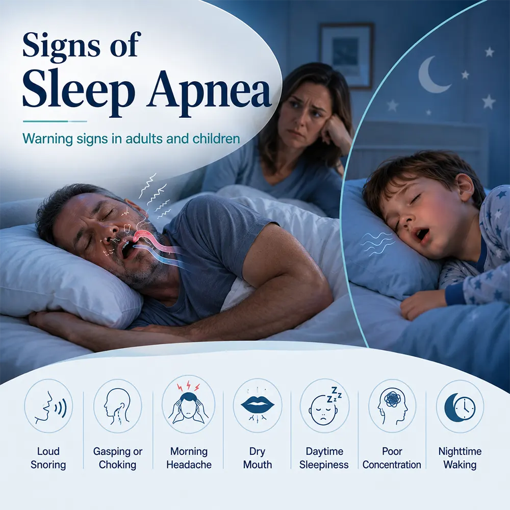 Infographic showing signs of sleep apnea in adults and children