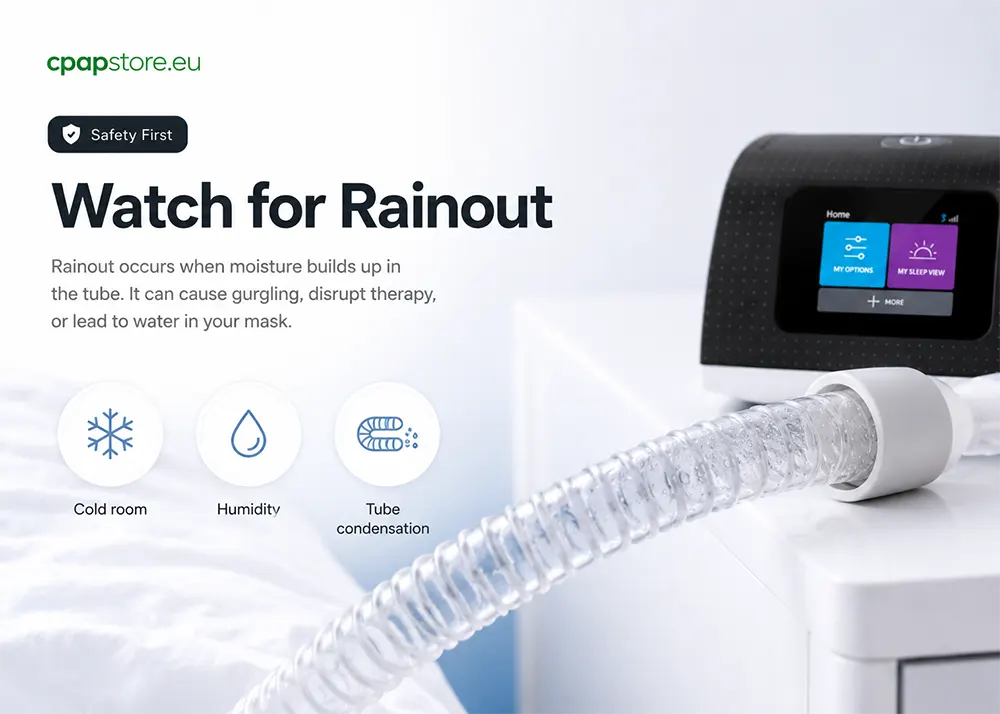 Watch for CPAP rainout - water condensation inside the tube caused by temperature differences