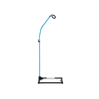 Blue and black adjustable floor stand with curved top hook