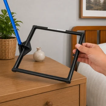 Hand holding adjustable tablet stand on wooden nightstand