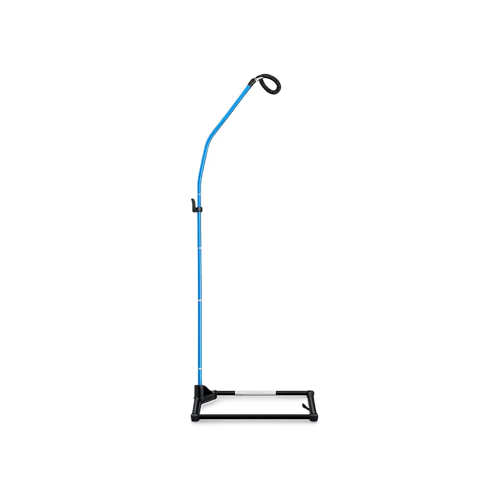 Blue and black adjustable floor stand with curved top hook