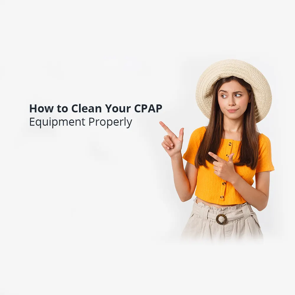 Woman pointing at CPAP cleaning guide text