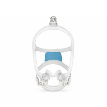 Full face CPAP mask with headgear and blue forehead pad