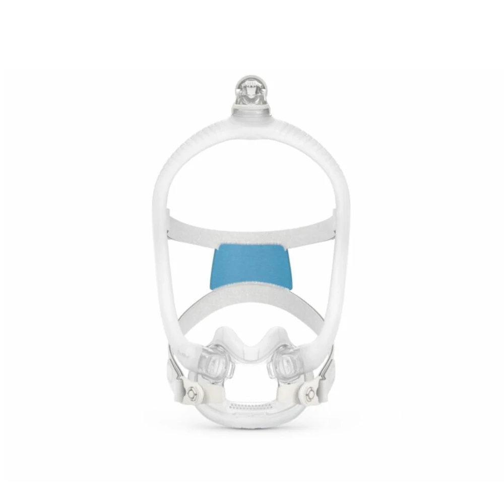 Full face CPAP mask with headgear and blue forehead pad
